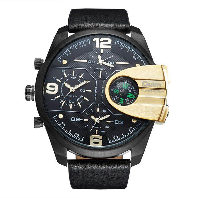 Oulm Ouli Men's Watch Large Dial Multi Time Zone Casual Leather Watch Compass 3790