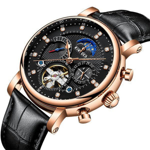 KINYUED waterproof hollow mechanical watch fashion leather diamond star high-end men's mechanical watch J025