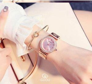 GUOU 8112 Fashion Ladies Watch For Women Shiny Diamond Luxury Bracelet Rose Gold Women's Watches Clock