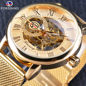 Forsining Watch Men's Fashion Casual Mesh Belt Hollow Gold Manual Mechanical men business Watch SLZe92