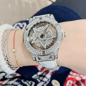 full diamond inlaid diamond rotary dial belt women's watch hollow transparent fashion women's watch feminine temperament five star