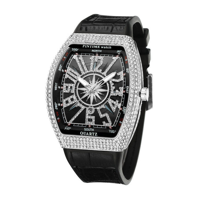PINTIME Watch Men's casual Frankenstein Wine Barrel Watch Large Dial Watch leather Diamond Retro Watch