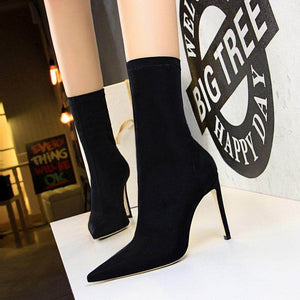 315-1 ladies simple women's boots stiletto super high-heeled sexy pedicure was thin pointed toe Lycra elastic short boots
