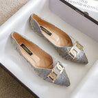 2022 summer new metal string buckle rhinestone pressed satin shallow mouth single shoes flat office lady women scoop shoes female 222-20