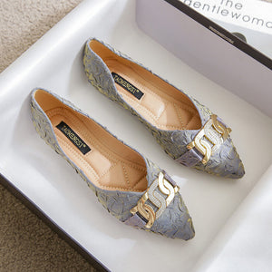 2022 summer new metal string buckle rhinestone pressed satin shallow mouth single shoes flat office lady women scoop shoes female 222-20