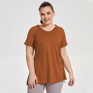 Plus size women T-shirt Slim Fit Thin Fitness Clothes Women's Hooded Short-Sleeved Sports T-shirt Quick-Drying Large Size Long Thigh-Length Yoga running sports Top YY158