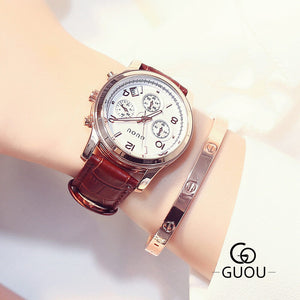 GUOU8175 Hong Kong ancient European ladies watch three-eye multifunctional belt classic retro casual quartz watch women's watch