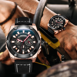 Megir Watch Men's Large Dial Multi-Function Timing Leather Sports Quartz men Watch 2122
