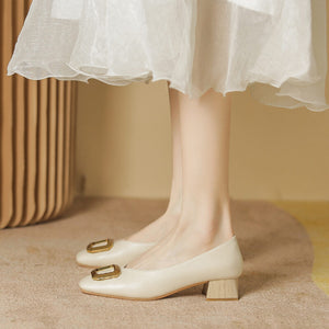 2022 spring new small fragrant style shallow mouth shoes women's square head single shoes women's buckle single shoes thick heel granny shoes women 17820-2