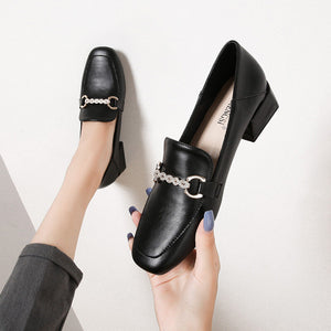 British leather shoes women's thick heel 2022 autumn new black single shoes mid-heel large size women's shoes 189-4