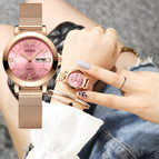 Korean Fashion Mesh Belt Fully Automatic Non Mechanical Women's Watch Luminous Waterproof Double Calendar Female Student Steel Band Watch for women