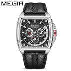 New megir men's watch fashion square waterproof luminous leather sports quartz watch 2204