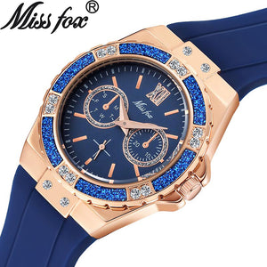 MISSFOX Watch Silicone Korean Version Versatile Diamond Fashion Three Eyes Quartz Ladies Watch 2593