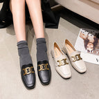 British style loafers female 2022 spring new square toe leather shoes large size metal buckle thick heel single shoes female 189-7