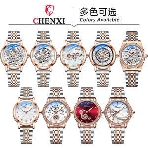 Chenxi new fashion luminous waterproof watch women's solid steel belt hollow automatic mechanical watch