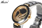 Missfox fashion high-end ceramic watch diamond swan ultra-thin girls Korean casual waterproof women's watch T003