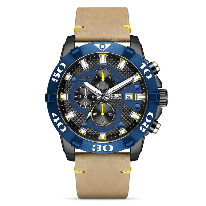 Megir Men's Watch Timing Luminous Leather Large Dial Watch Sports Quartz Watch 2136G