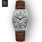 Guou 8200 Fashion Top Brand Luxury Man Watch Rose Gold Quartz Full Rhinestone Barrel Casual Genuine leather & Steel Watches