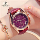 GUOU 8175 Fashion Crystal Women's Watches Luxury Ladies Watch Rhinestones Watches Leather Strap Auto Date Clock