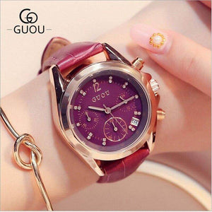 GUOU 8175 Fashion Crystal Women's Watches Luxury Ladies Watch Rhinestones Watches Leather Strap Auto Date Clock