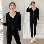 Autumn and Winter Sports Jacket pants set Women's Slim Fit Hooded Windproof Yoga Fitness Casual Running Bodysuit set 236