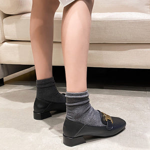 British style loafers female 2022 spring new square toe leather shoes large size metal buckle thick heel single shoes female 189-7