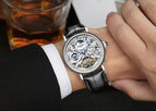 KINYUED New Dual Time Zone Skeleton Luminous Automatic Mechanical Watch Men's Fashion Business Belt Mechanical Watch J078