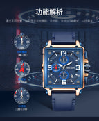 Megir Fashion Light Retro Men's Watch Square Multifunctional Chronograph Calendar Leather Watch 2061
