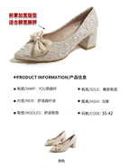 Thick heel pointed toe single shoes female 2022 new fairy girl bow 5CM high heels large size party shoes 368-3