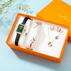 Women square quartz watch peacock stone retro leather mesh lady watch small green watch set 010t
