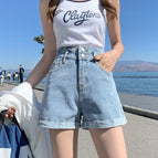 JEANS color denim shorts women's 2022 new high-waisted slim A-word loose double-button shorts 055