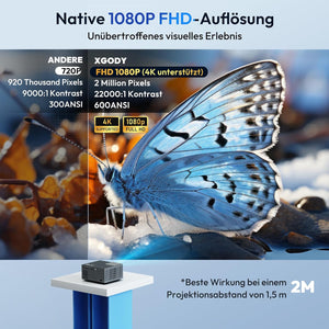 Android 11 & Elektrischer Fokus Smart Beamer Full HD XGODY Sail2 600ANSI Nativ 1080P Bluetooth WLAN Projektor 4K Unterstützung Video Heimkino Beamer Automatik Vertikale Korrektur Chromecast 7000 APP.