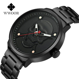 WWOOR Fashion Skull Men's Mesh Quartz Watch Black Solid Steel Creative Casual Watch 8867