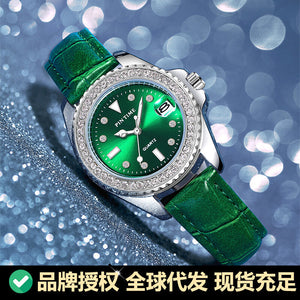 Belt Watch Fashion Trendy Green Niche Diamond Water Calendar Luminous Waterproof Watch for Women 8125