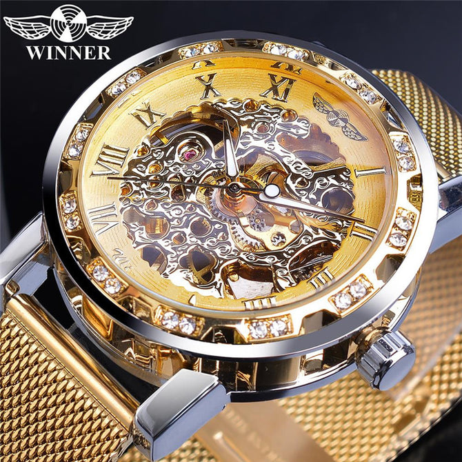Winner Watch Men's Fashion Casual Classic Popular Rhinestone Hollow Mesh Belt Manual Mechanical men Watch SLZg91