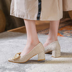 Thick heel pointed toe single shoes female 2022 new fairy girl bow 5CM high heels large size party shoes 368-3