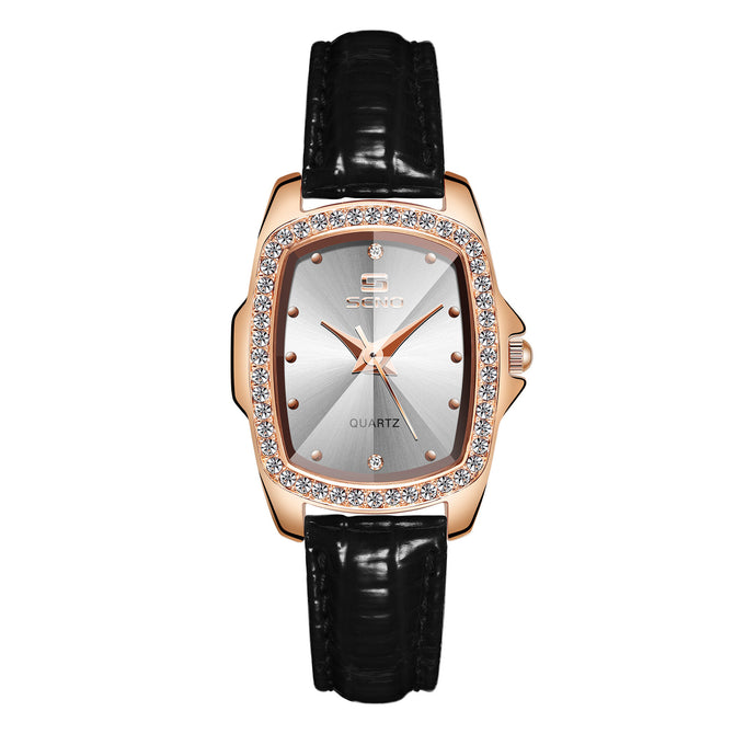 SENO Retro Square Diamond Ladies Belt Watch Simple Water Diamond British Women's Watch S040