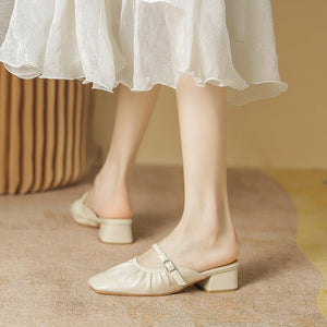 Slippers women's 2022 summer new square head pleated half slippers women's thick heels outside wear sandals and slippers women 17834-2