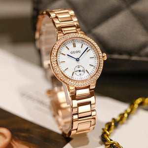 GUOU 8141 Rhinestone Women's Watches Temperament Simple Two-pin Half Women's Watch Fashion Blue Glass Rose Steel Band Watch for Women