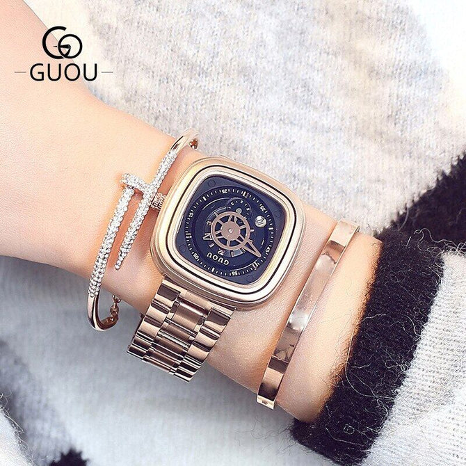 GUOU Watch Women Fashion Square Women's Watches Rose Gold Personality Calendar Stainless Steel Watches relogio feminino saat