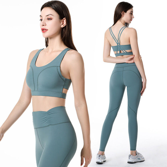2022 spring and summer new yoga clothing suit female beauty back gather sports bra hip lift trousers fitness suit 9201-6202