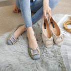 2022 Summer New Temperament Square Buckle Snowflake Rhinestone Pressed Satin Shallow Mouth Square Toe Metal Single Shoe Flat Shoes 555-12