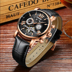 KINYUED Automatic Skeleton Mechanical Watch Fashion Leather Waterproof Men's Watch JYD-J017