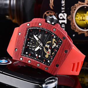 Watch for men Richard Fashion Casual Ghost Head Wood Grain Watch Hollow Carbon Fiber Silicone Quartz Men's Watch 8102