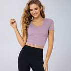 New summer fitness dress women tight sexy back yoga short sleeves with chest pad gym professional training top 8225