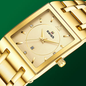 SWISH 0034 New rectangular men's fine steel band Japanese movement simple calendar quartz watch waterproof watch
