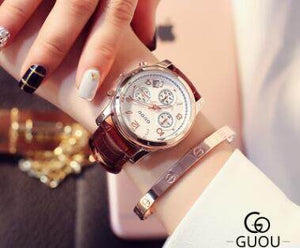 Fashion GUOU Brand Real 3 Eyes Work Rose Gold Luxury Genuine Leather Strap Waterproof Quartz Women Casual Girl Gift Wristwatches