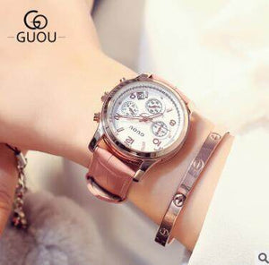 Fashion GUOU Brand Real 3 Eyes Work Rose Gold Luxury Genuine Leather Strap Waterproof Quartz Women Casual Girl Gift Wristwatches