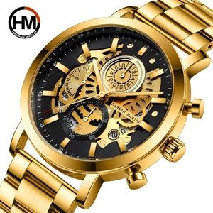 Men's Multi-Function Calendar Watch Hollow out Student Black Gold Business Waterproof Trend Steel Watch