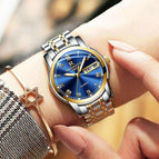 ONTHEEDGE RZY031 Women watch Luxury Gold Blue Wristwatches Quartz Stainless Steel Ms Watches Waterproof with original box